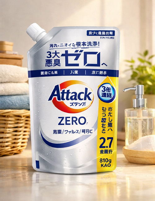 Концентрированный гель для стирки Kao Attack Zero устраняет запах, скрытый глубоко в волокнах ткани.